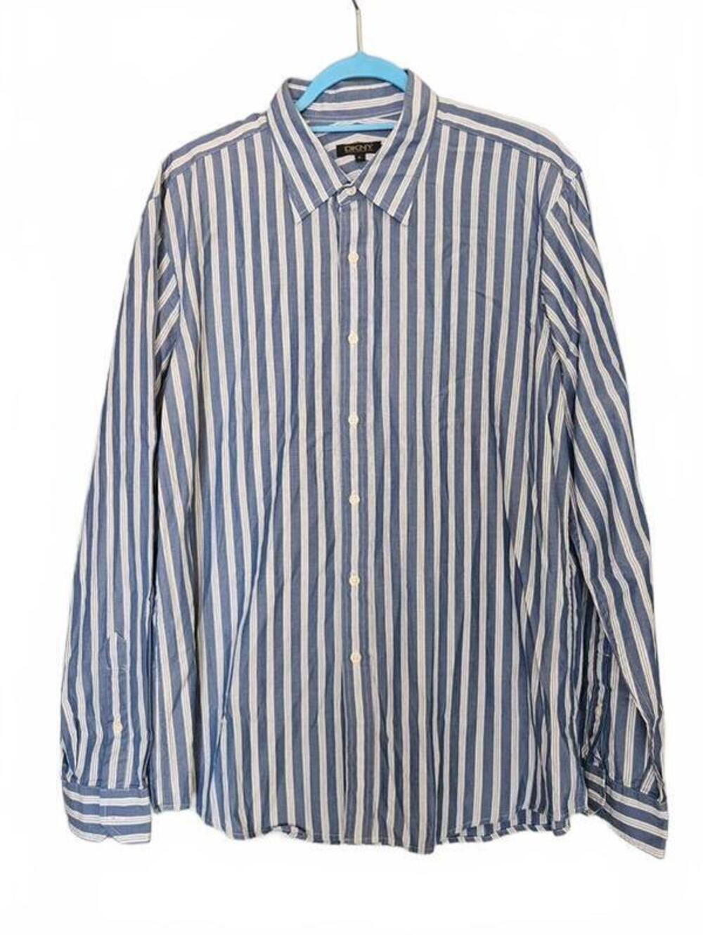 DKNY Mens XL Y2K Blue White Striped Dress Shirt Button Front Long Sleeve s18